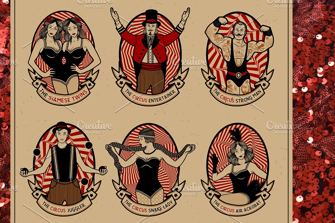 Six portraits of the main circus characters.
