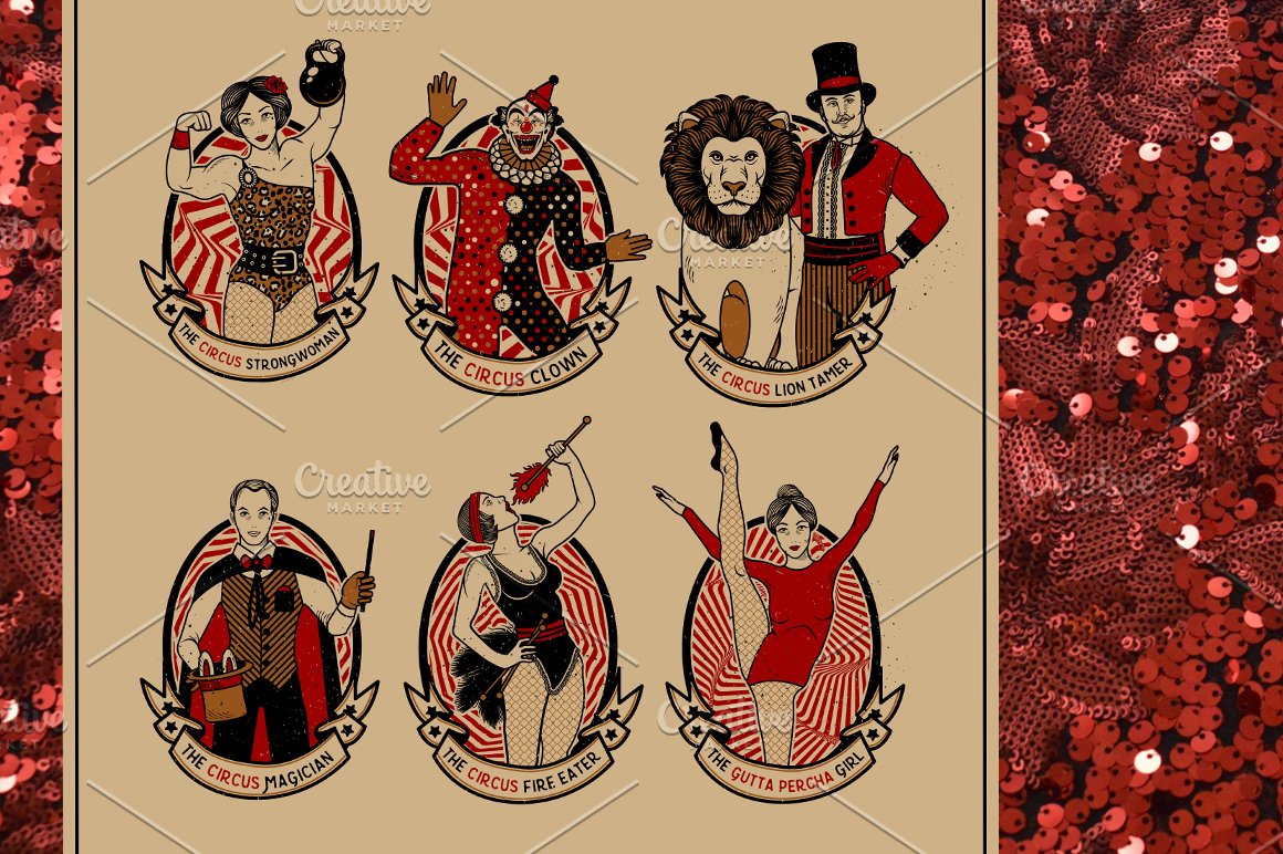 A set of 9 different illustrations of circus characters.