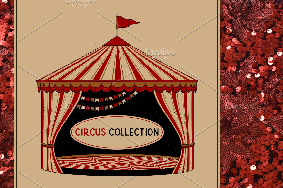 Red and black illustartion of a circus on a beige background.
