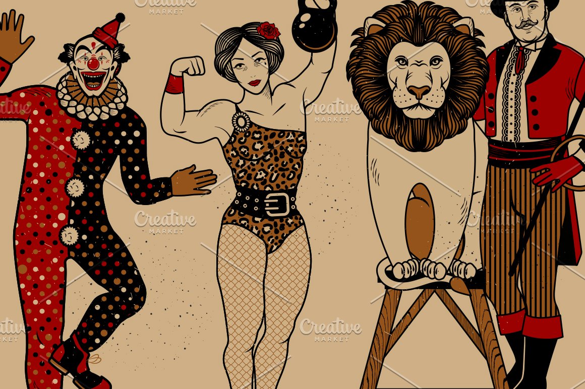 Collection of different vintage circus illustrtaions on a beige background.