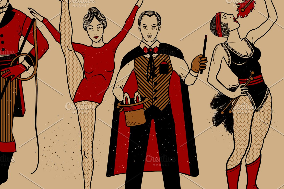 Circus set of different illustrations of people on a beige background.