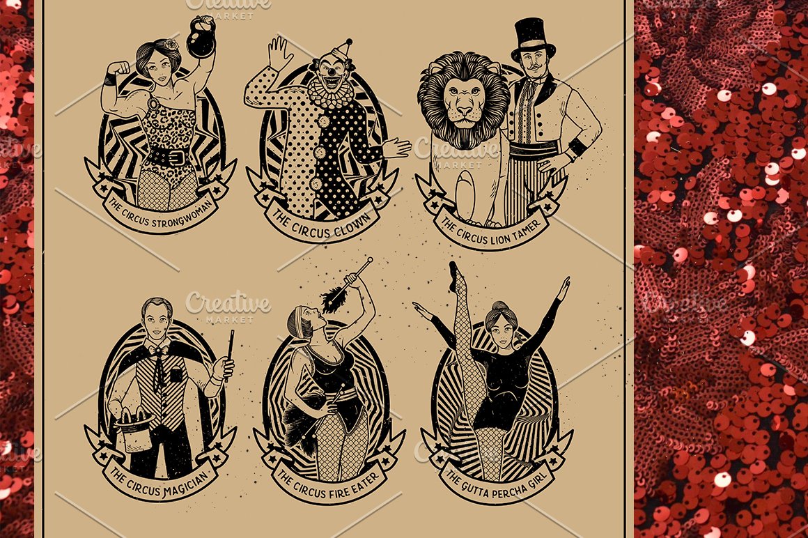 9 different black vintage illustrations of circus people.
