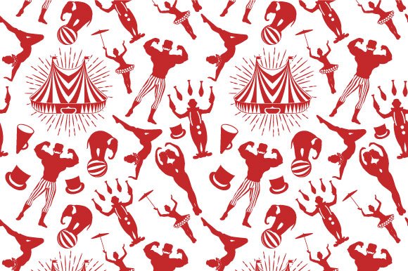 Red circus seamless patterns on a white background.