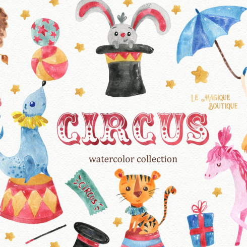 Circus watercolor clipart set main image preview.