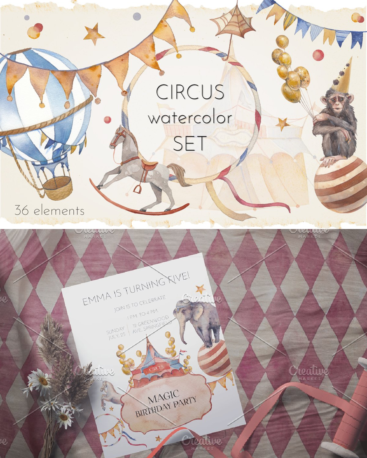Circus watercolor set pinterest image preview.