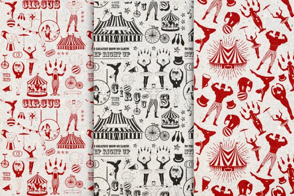 A set of 3 different circus seamless patterns in black and red.