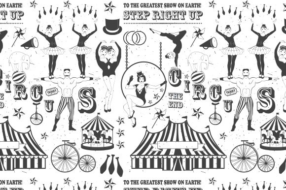 Black vintage circus patterns on a white background.