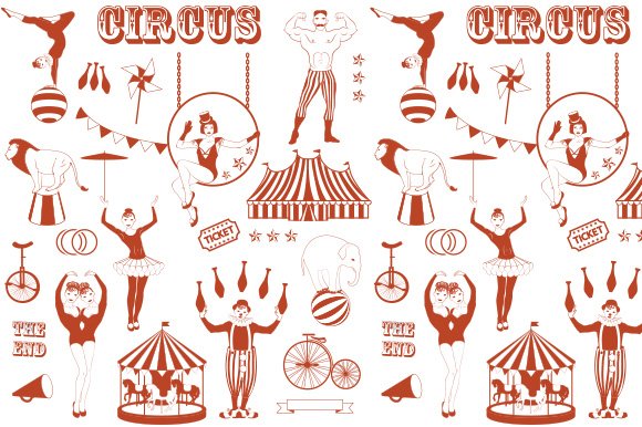 Dirty red patterns of circus elements and characters on a white background.