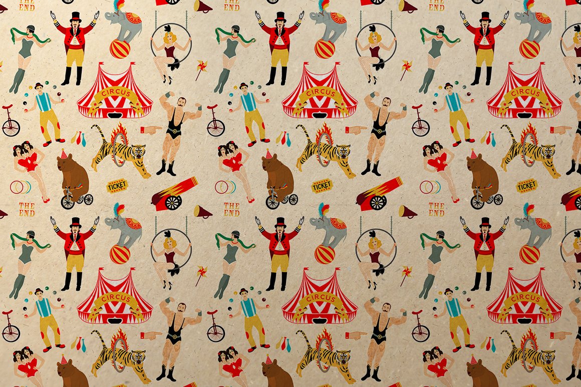 Beige background with lots of circus elements.