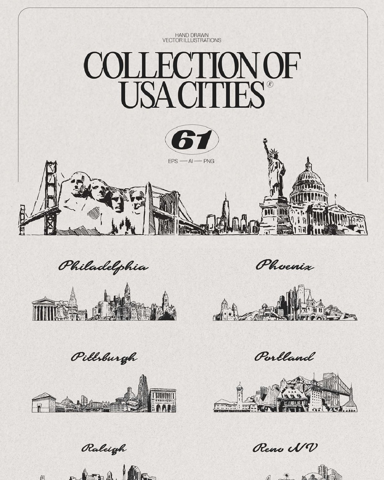 A large collection of hand drawn cities skylines of United States of America. I have been drawing cities skylines for several years and now they are in one set. Each horizon consists of the most significant landmarks of the city, which are compiled in a beautiful composition. The font name from the preview is written in the accompanying document. What's inside: 61 cities skylines AI, EPS (you can easily change color or scale it to any size you need in Adobe Illustrator or any vector program) 122 cities skylines PNG (each city on a transparent background + on transparent without text, about 8171 × 3429 px, 300 dpi) BONUS: paper texture as in the preview (JPG 5000 × 3632px) CITIES SKYLINES: Akron Ohio Albuquerque Anchorage Atlanta Austin Baltimore Boston Buffalo NY Charlotte Chicago Colorado Springs Columbus Dallas Denver Detroit El Paso Fort Worth Fresno Honolulu Houston Indianapolis Jacksonville Kansas City Las Vegas Long Beach Los Angeles Louisville Memphis Mesa Miami Milwaukee Myrtle Beach Nashville New York Newark NJ Oakland Oklahoma City Omaha Orlando Pasadena Philadelphia Phoenix Pittsburgh Portland Raleigh Reno NV Sacramento Saint Paul Salt Lake City San Antonio San Diego San Francisco San Jose Seattle Spokane St Agustine FL St Petersburg FL Tucson Virginia Beach Washington DC UnitedStates Thanks for visiting my shop! pinterest image.