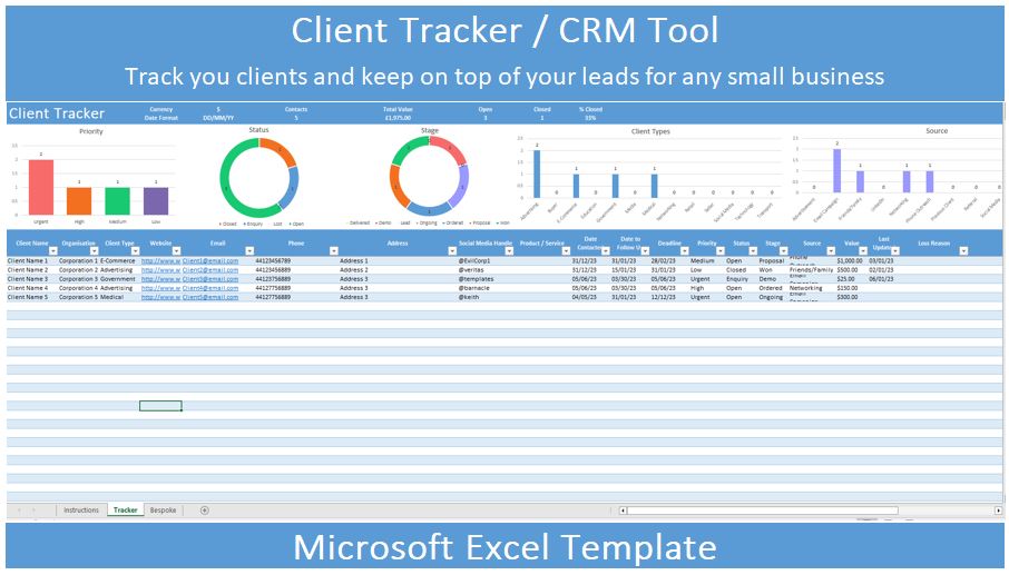 Client Tracker CRM Spreadsheet for Microsoft Excel preview image.