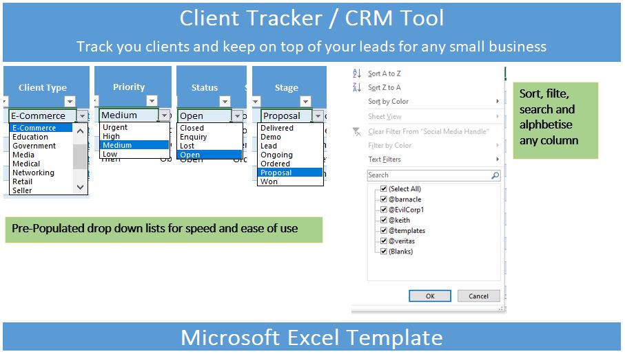Clean Client Tracker CRM for Microsoft Excel preview image.