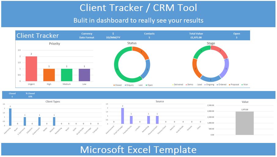 Simple Client Tracker CRM for Microsoft Excel preview image.
