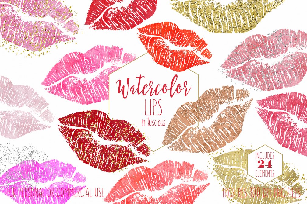 Cover with pink lettering "Watercolor Lips" and different lips illustrations on a white background.