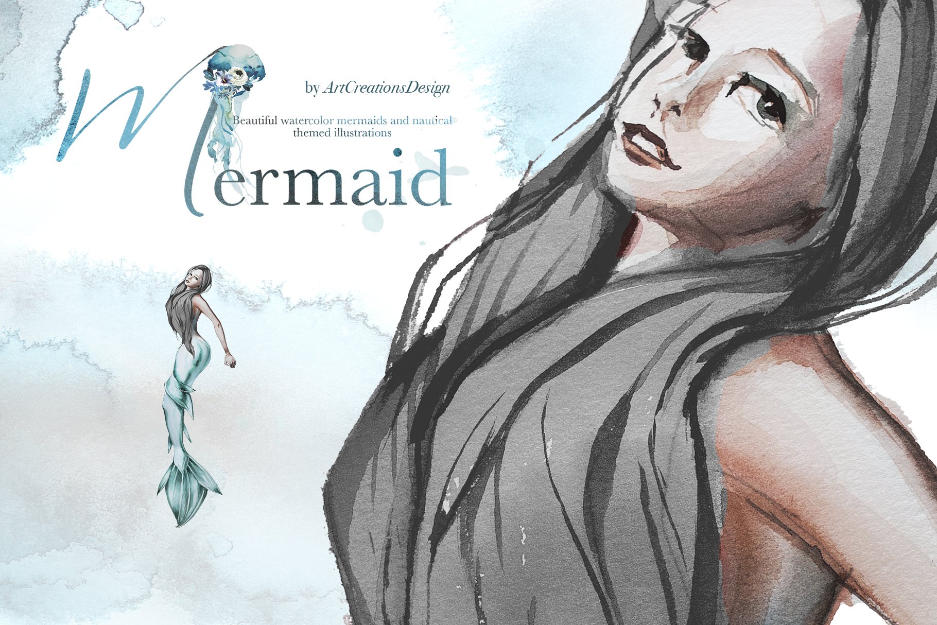 Beautiful watercolor mermaids close up illustrations.