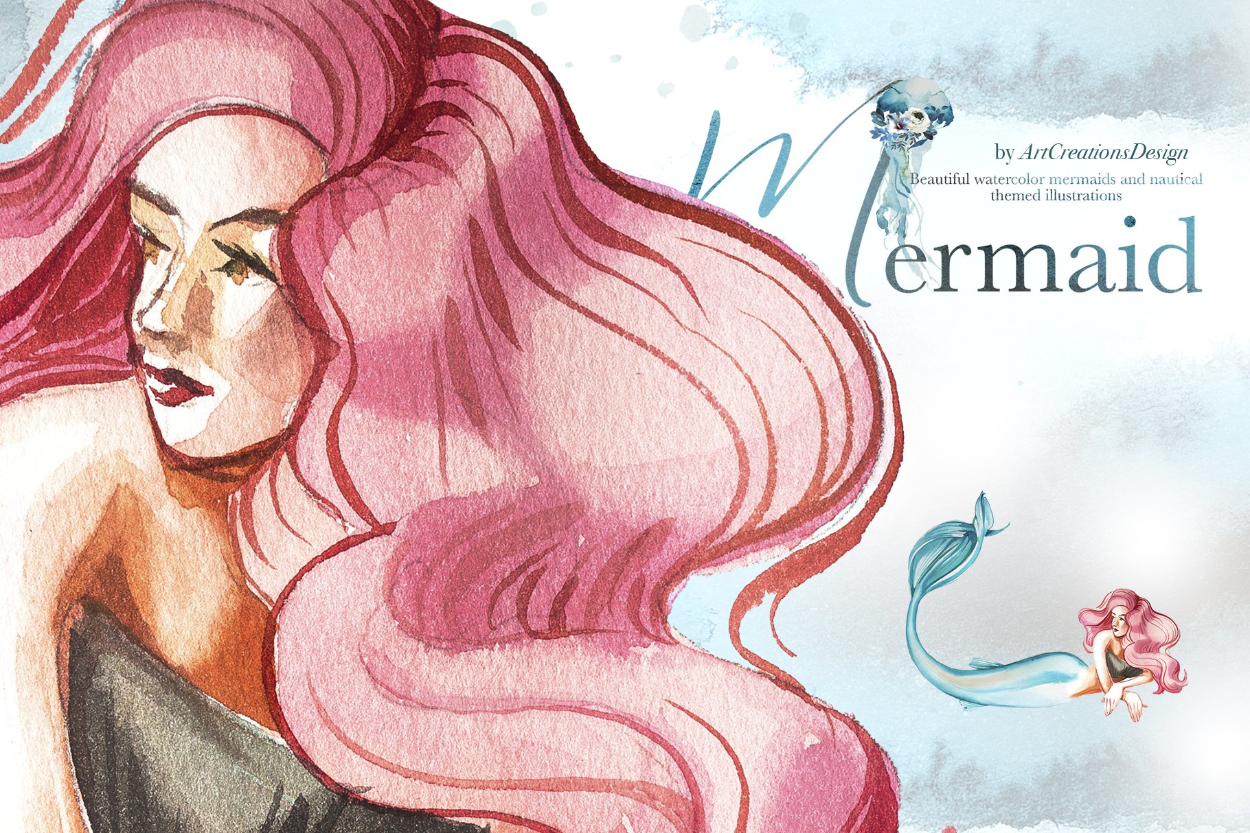 Beautiful watercolor mermaids close up illustrations.