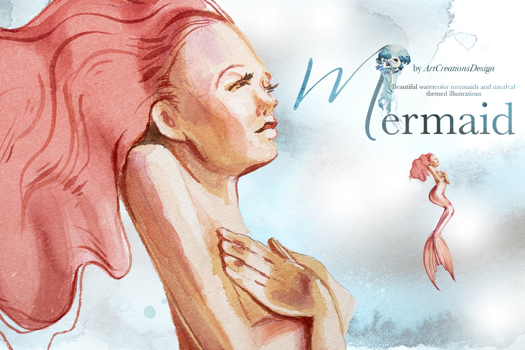 Beautiful watercolor mermaids close up illustrations.