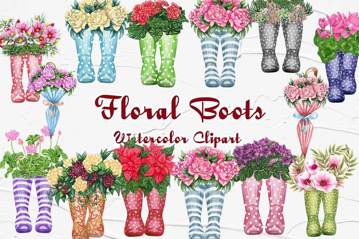 Cover with red lettering "Floral Boots Watercolor Clipart" and different illustrations.