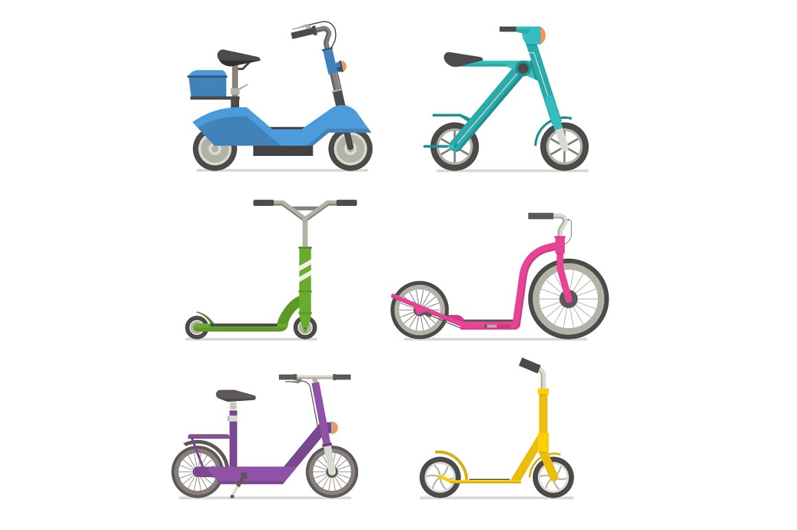 A set of 6 colorful push scooters on a white background.