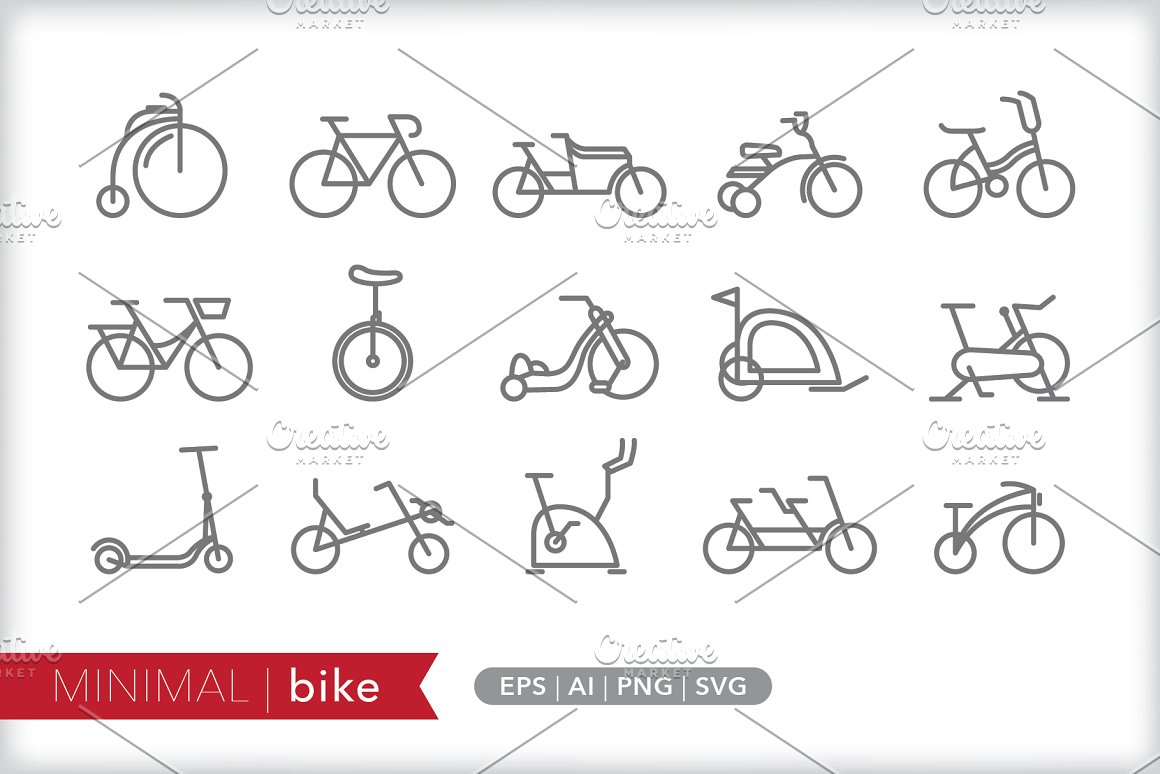 Cover with white lettering "Minimal Bike" on red frame and 15 different gray icons of bike.