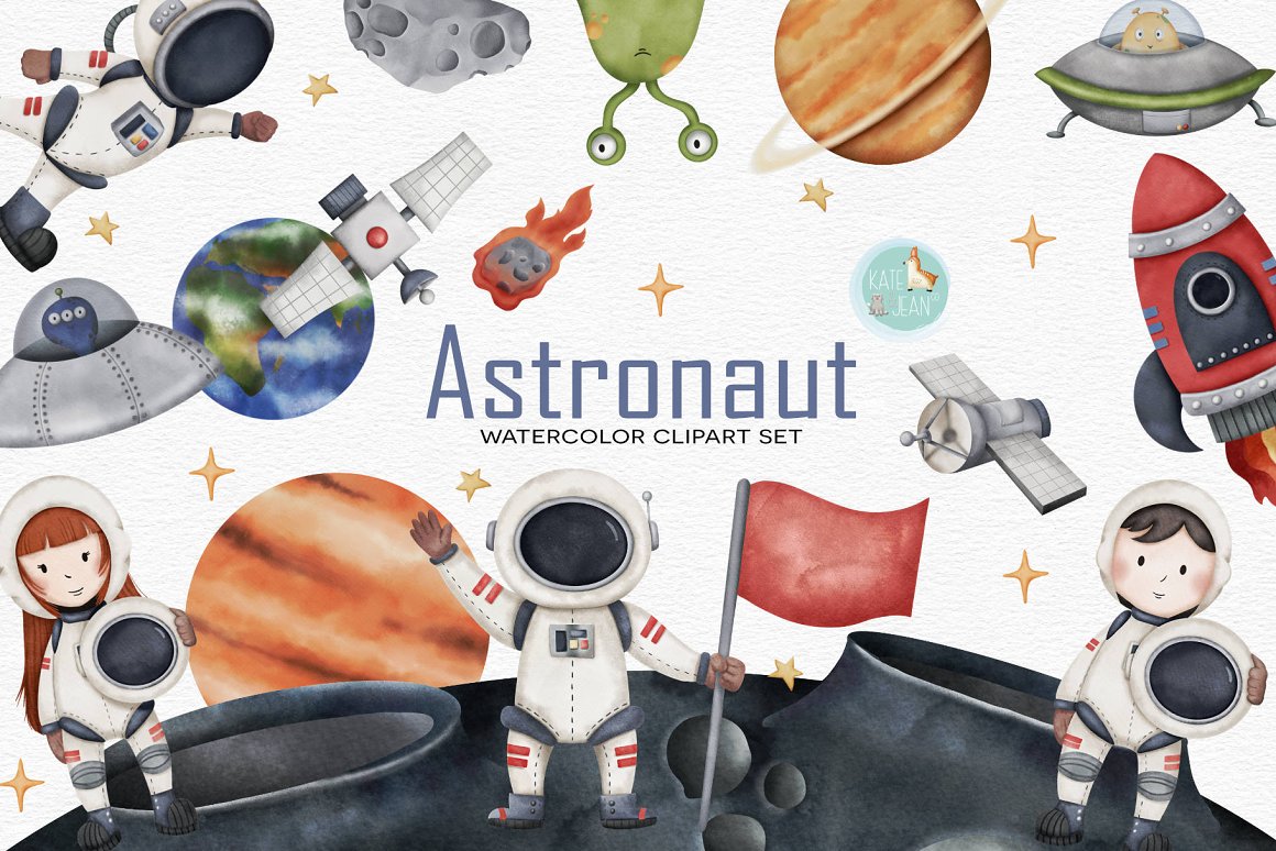 Cover with blue lettering "Astronaut" and different watercolor illustrations.