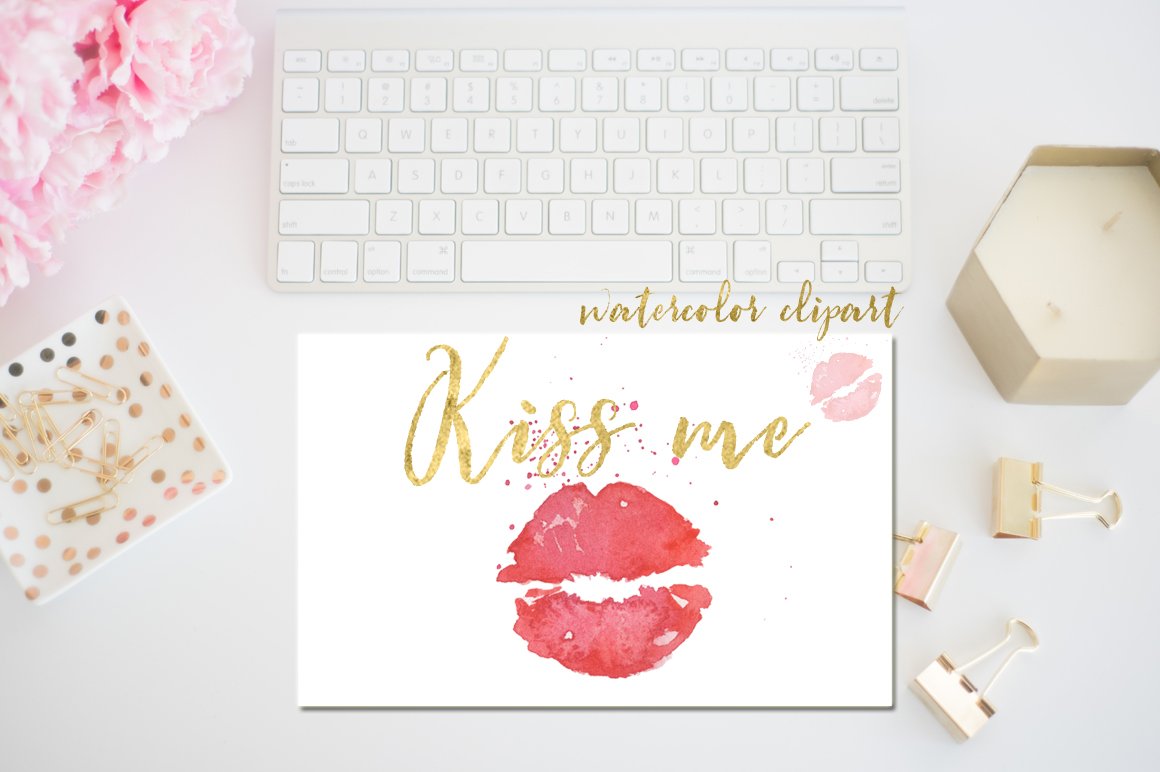 White card with golden lettering "Watercolor Clipart Kiss Me" and pink lips.