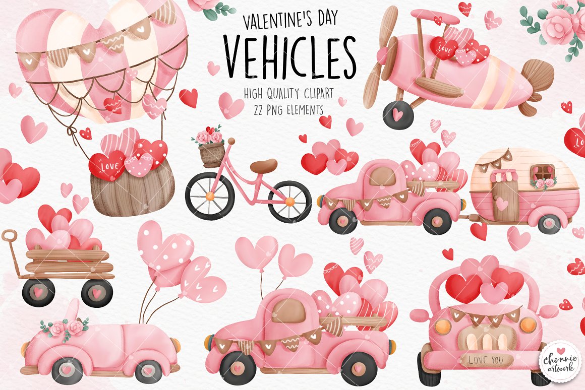Collection of different valentine's day vehicles on a gray background.