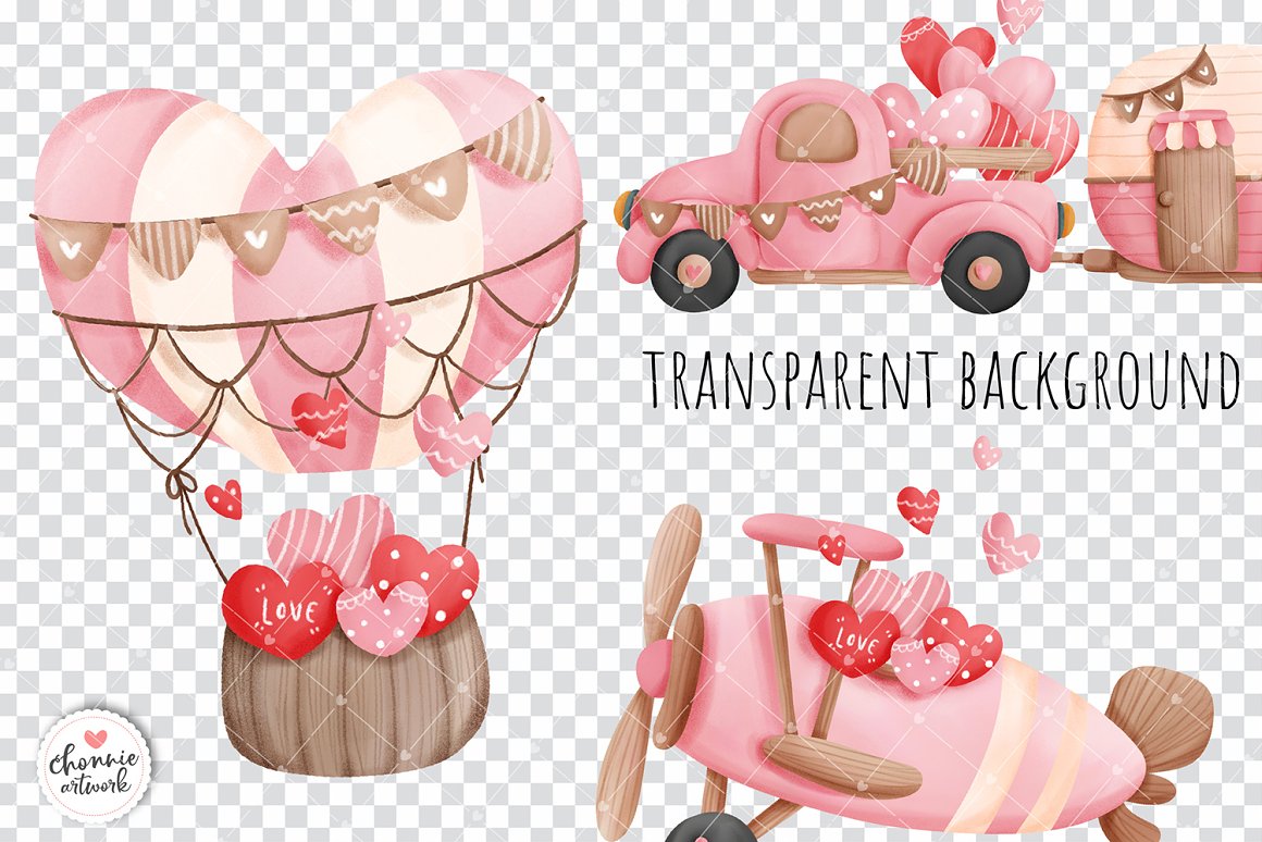 3 illustraions of pink vehicles on a transparent background.