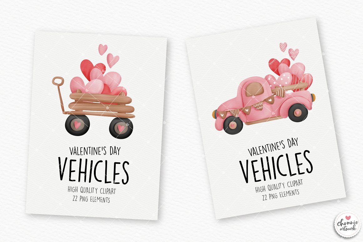 2 cards with pink vehicles illustrations and black lettering.