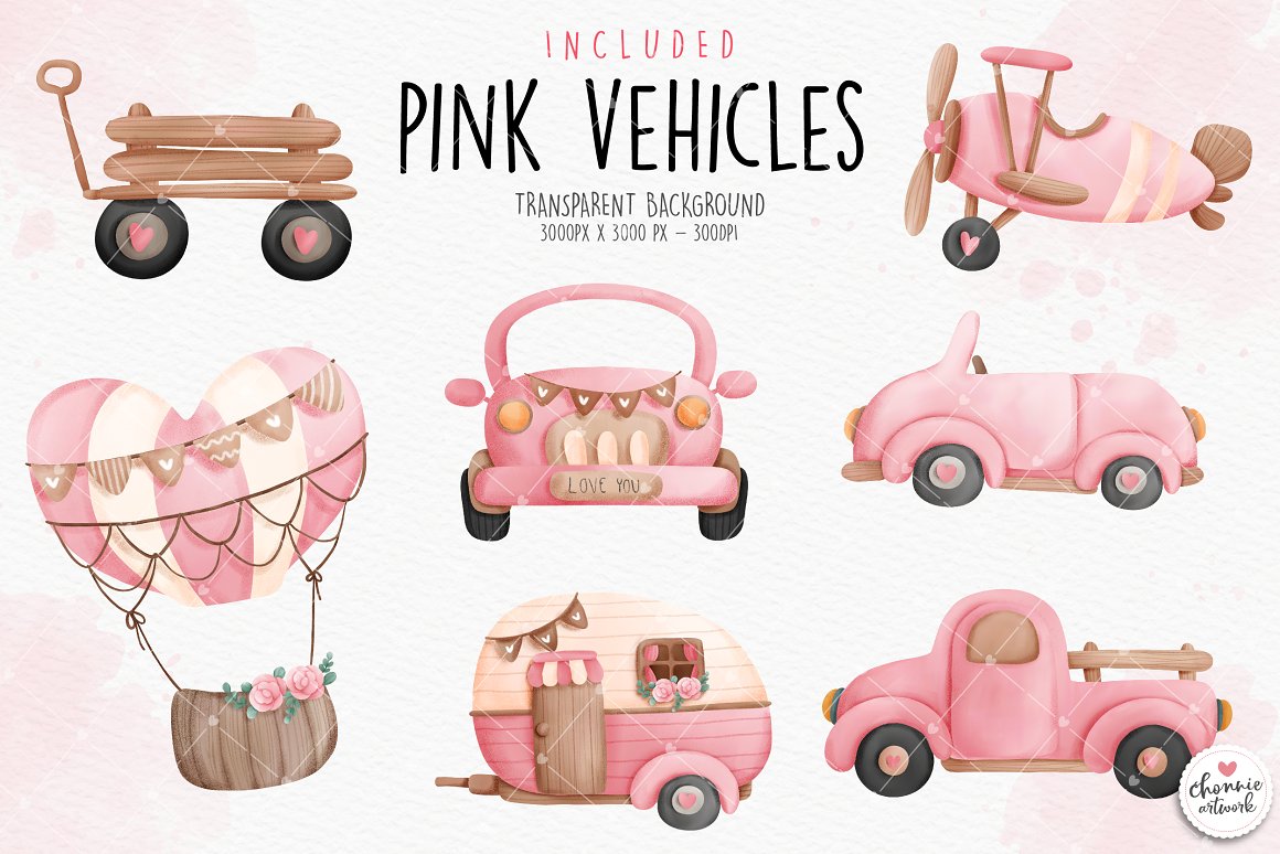 Clipart of 7 pink vehicles on a gray background.