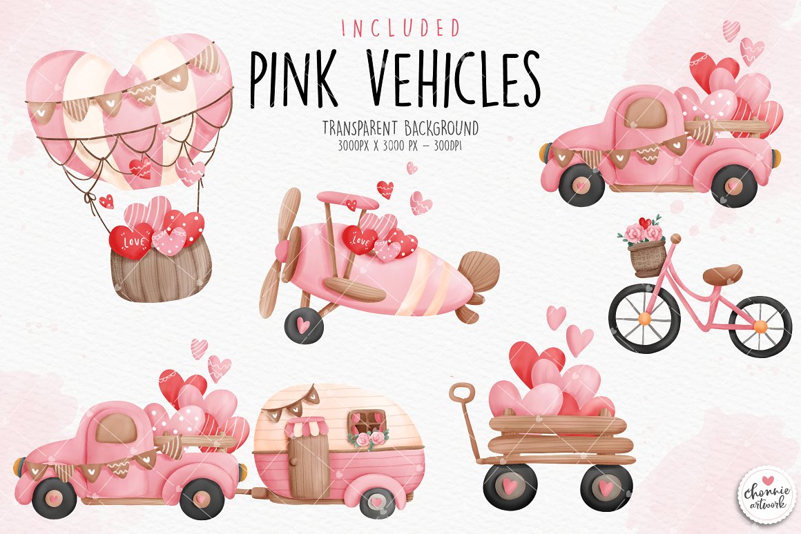 6 different pink vehicles on a gray background.