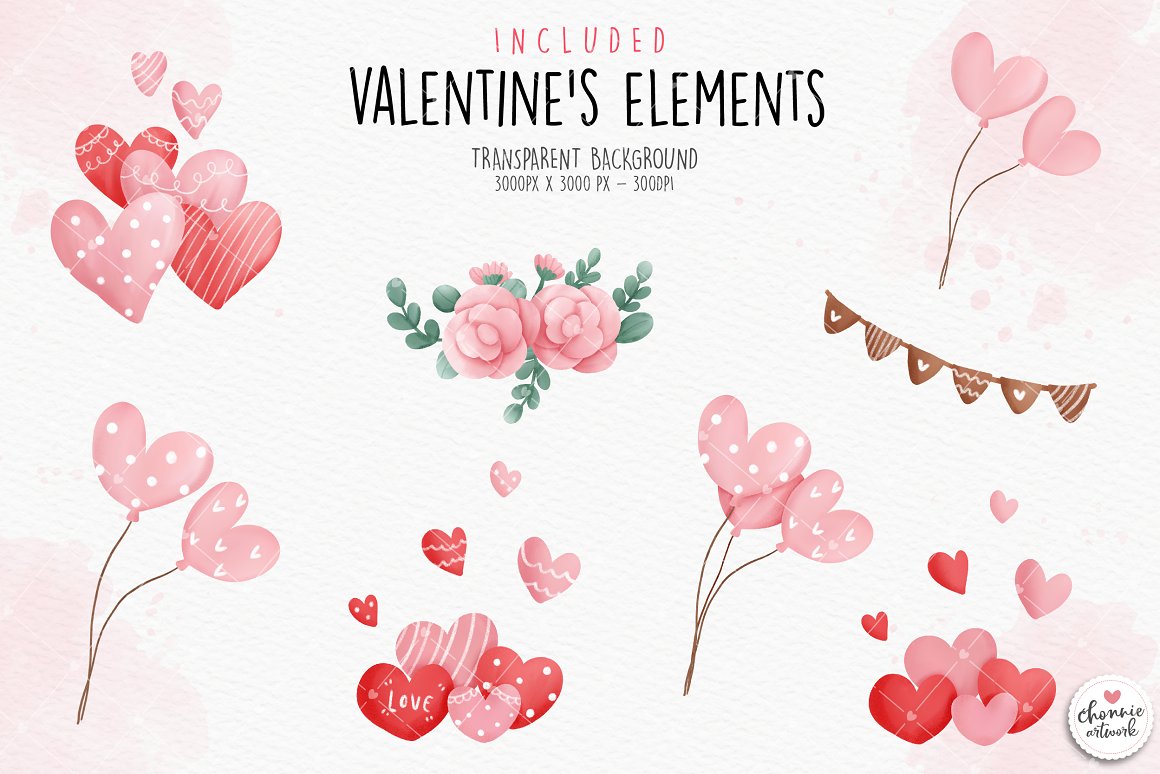 A set of different valentine's elements on a gray background.