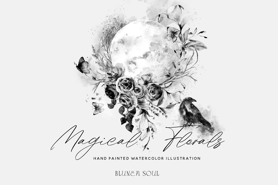 Cover with black lettering "Magical Florals" and illustration of magic floral composition on a gray background.