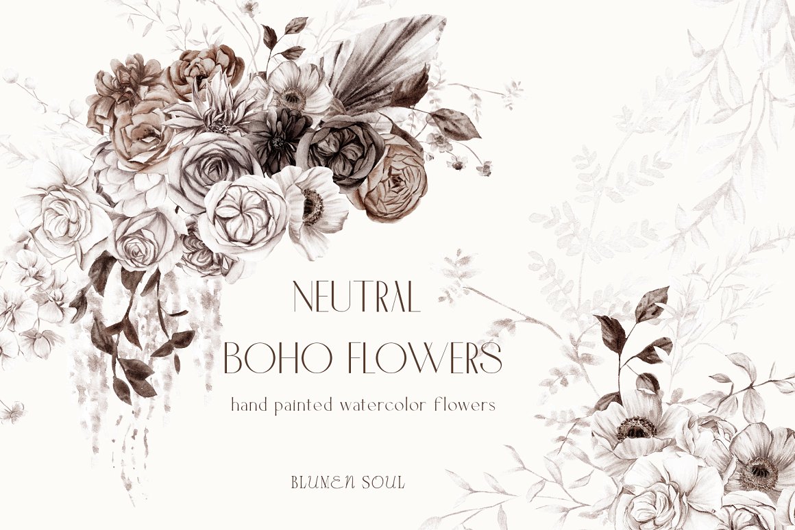Cover with brown lettering "Neutral Boho Flowers" and floral compositions.