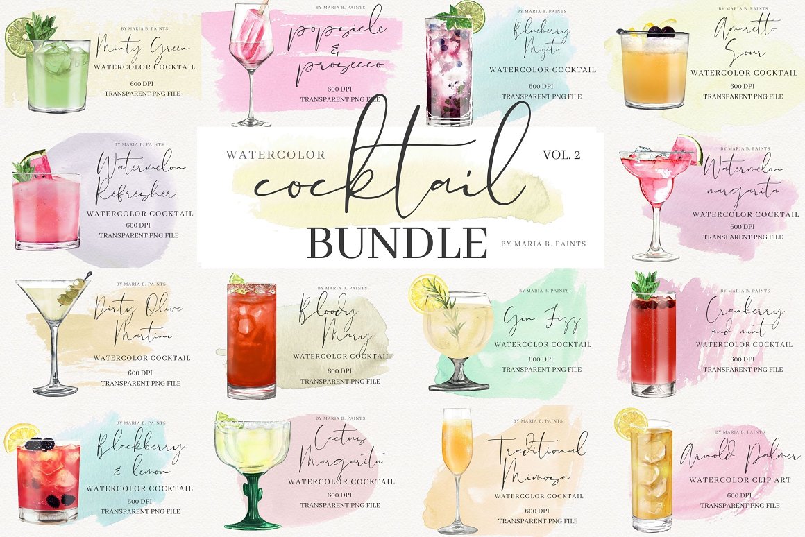 Black lettering and collection of 14 different cocktails.