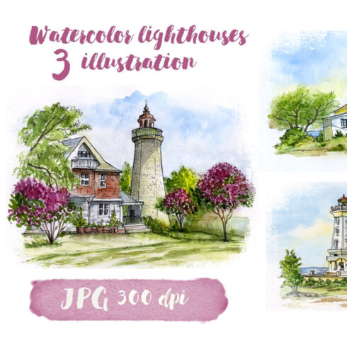 Collection Of Watercolor Lighthouses Main Cover.