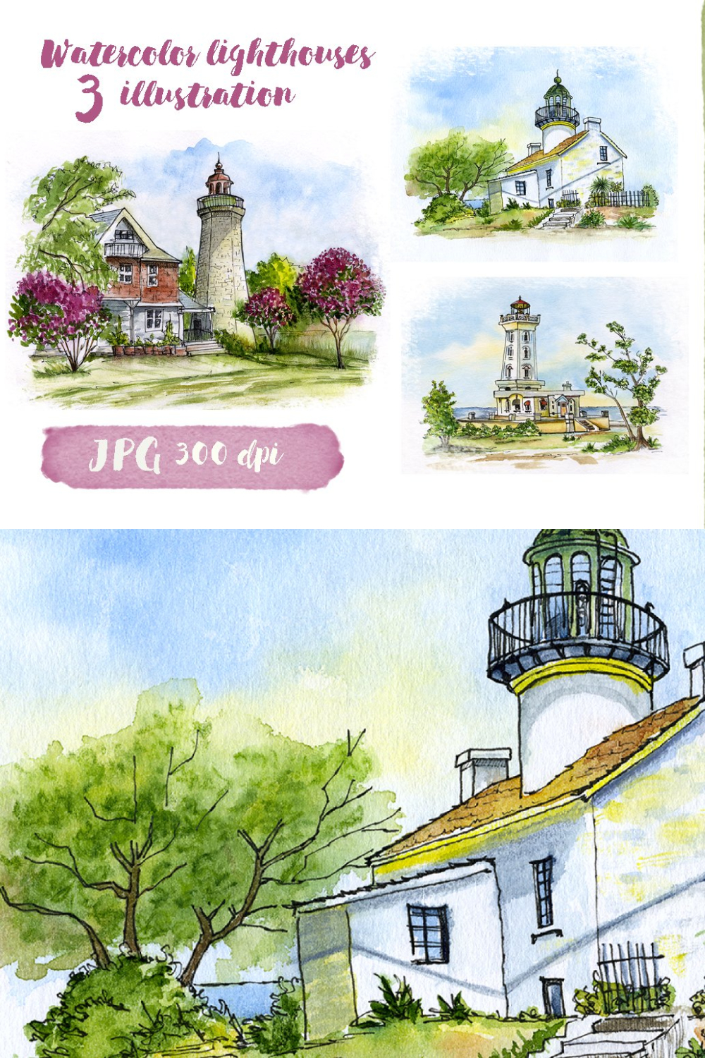 Collection Of Watercolor Lighthouses Pinterest Cover.