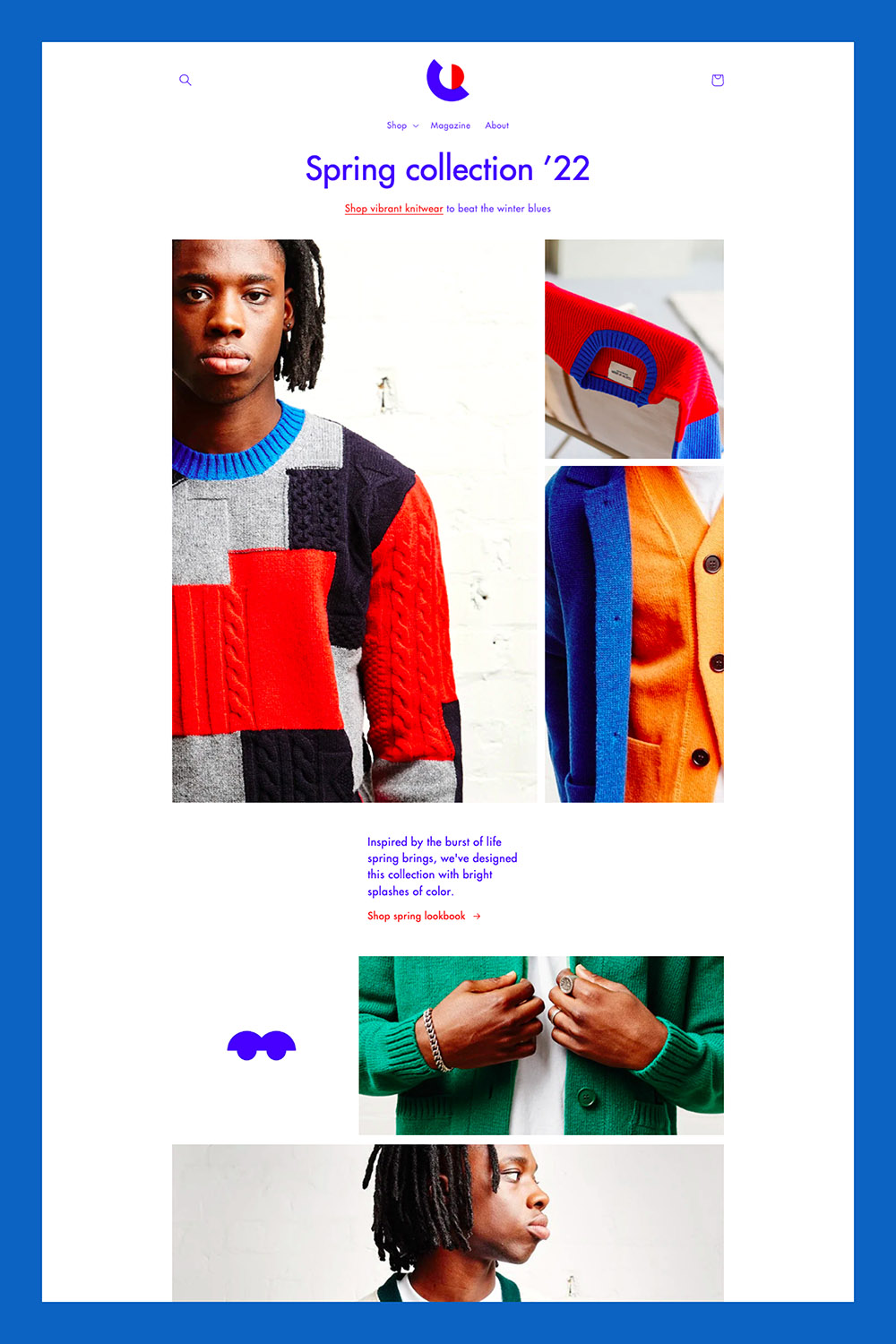 Screenshot of the main page of the site with photos of a guy in a sweater.