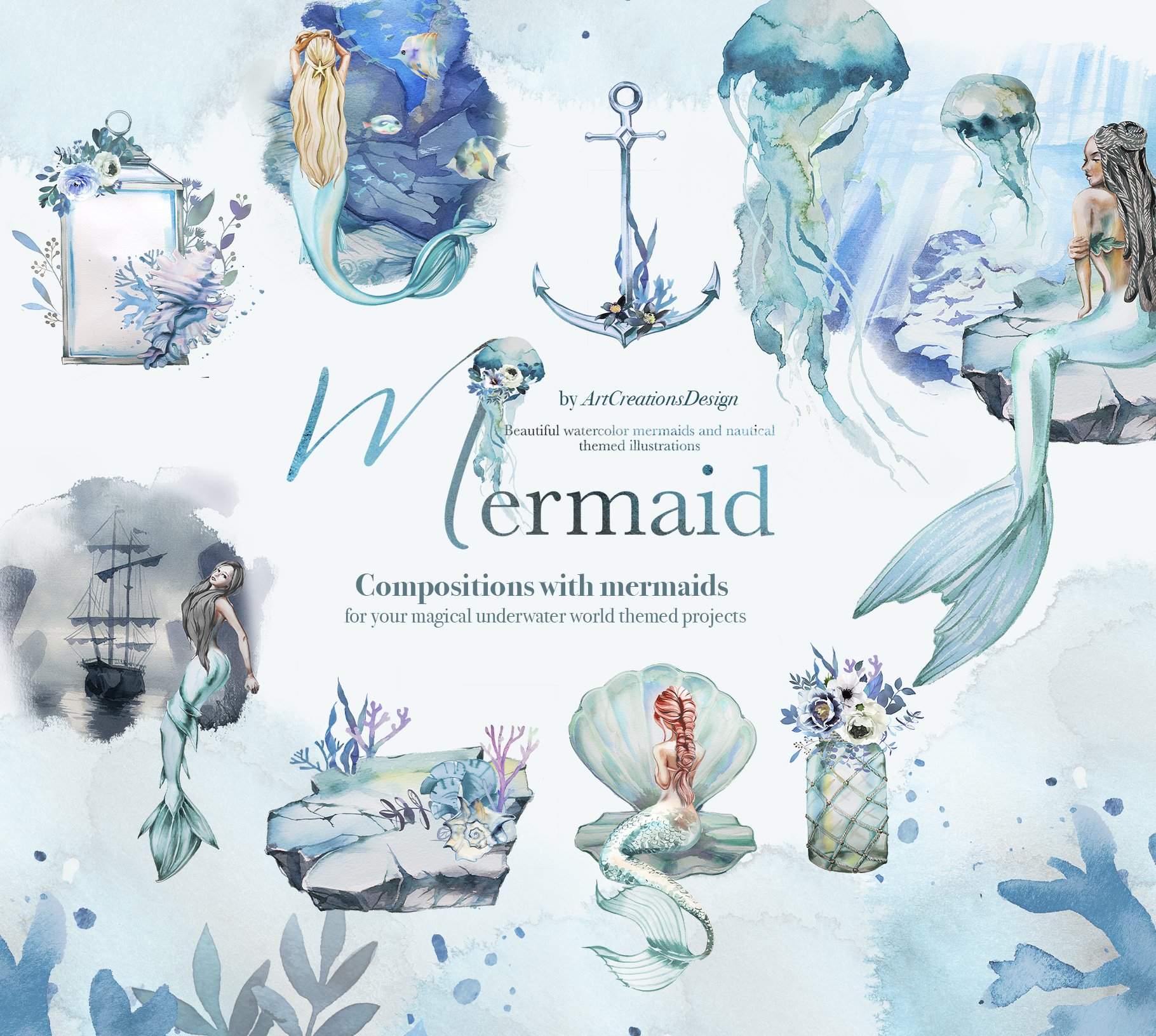 Compositions with mermaids for your underwater world themed projects.