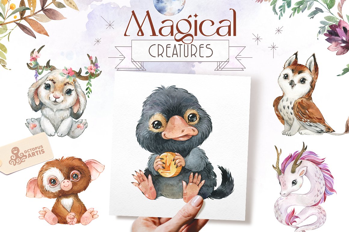 Cover with lettering "Magical Creatures" and 5 animals illustrations.