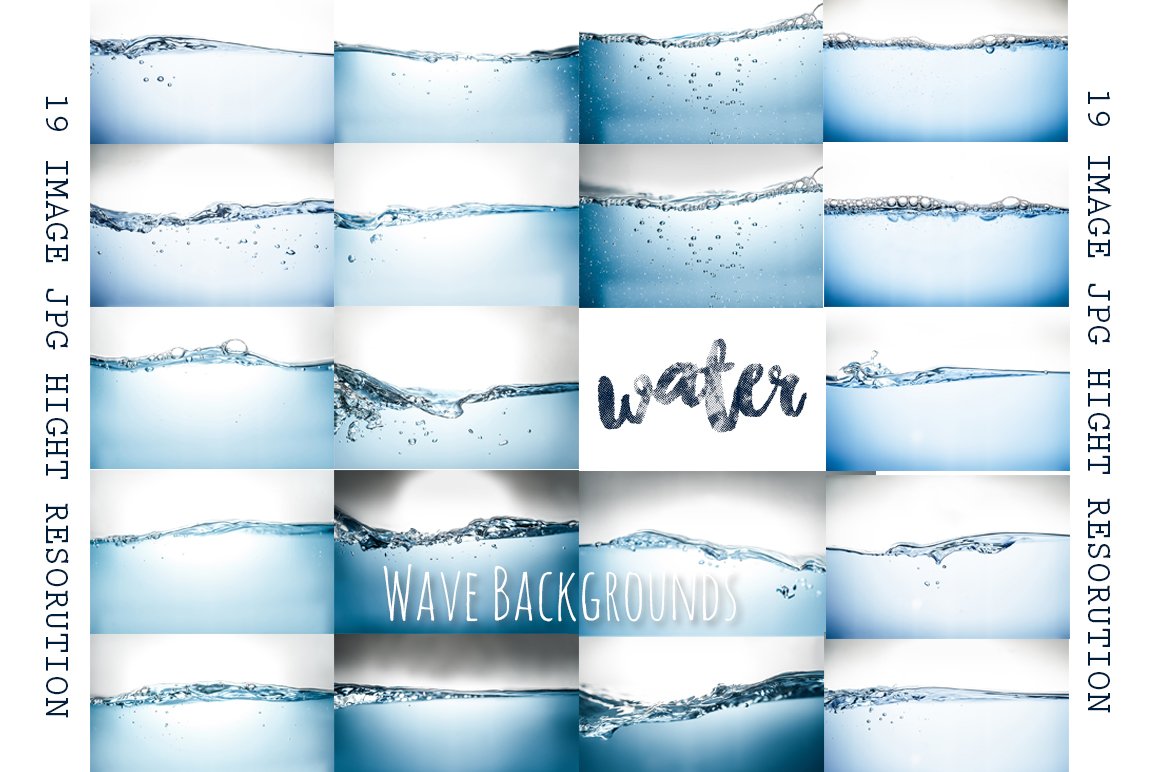 A set of 19 different water wave backgrounds on a white background.