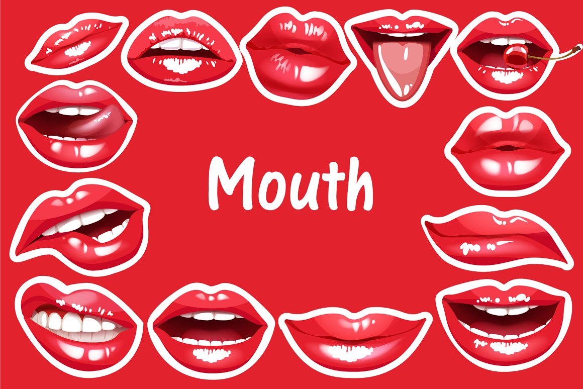 Cover with white lettering "Mouth" and different red lips on a red background.