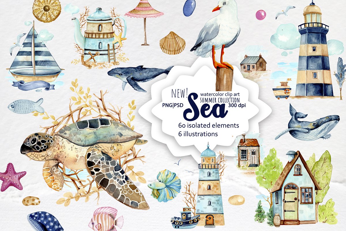 Cover image of Marine Life Watercolor Clip Art.