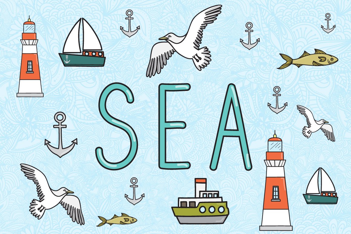 Cover with different sea illustrations and lettering "SEA" on a blue background.
