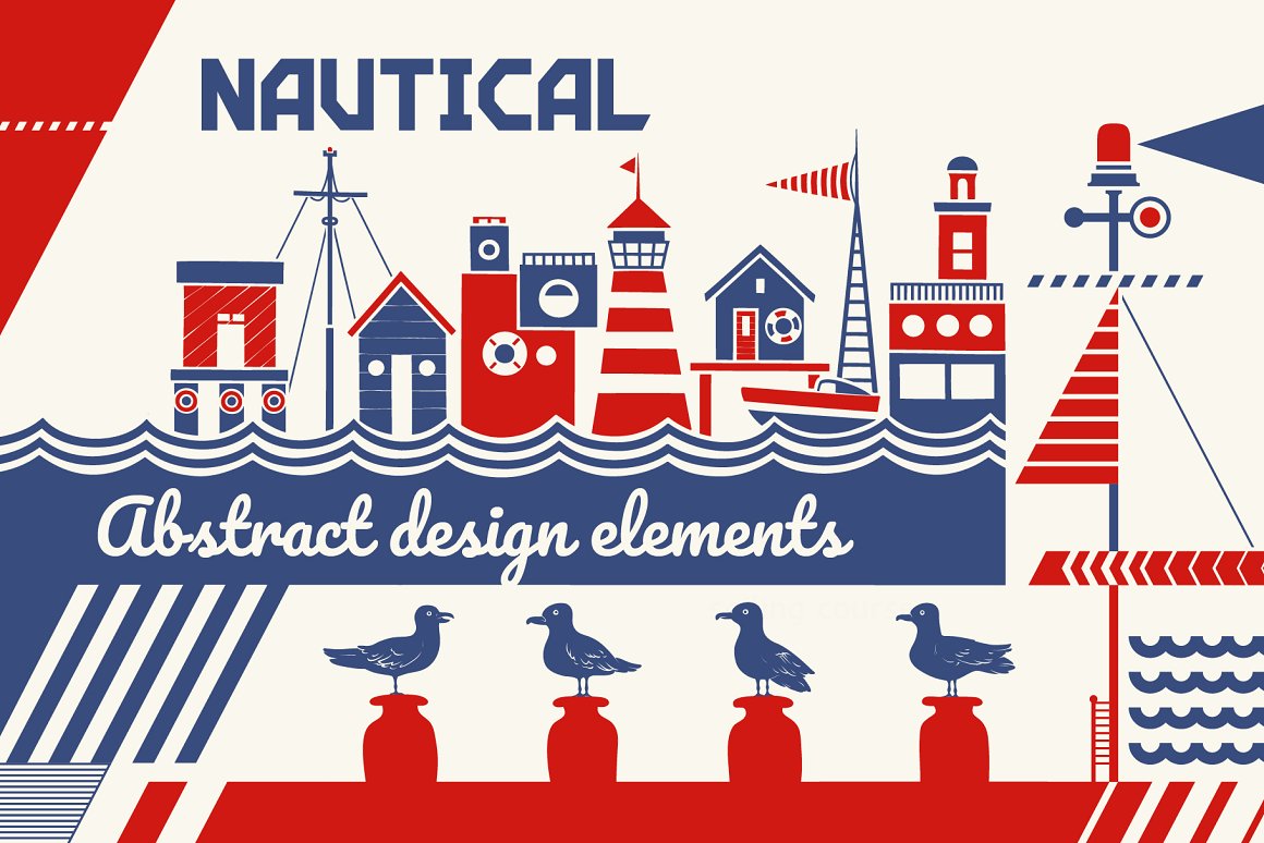 Cover with blue "Nautical" and white "Abstract Design Elements" lettering and different illustrations.