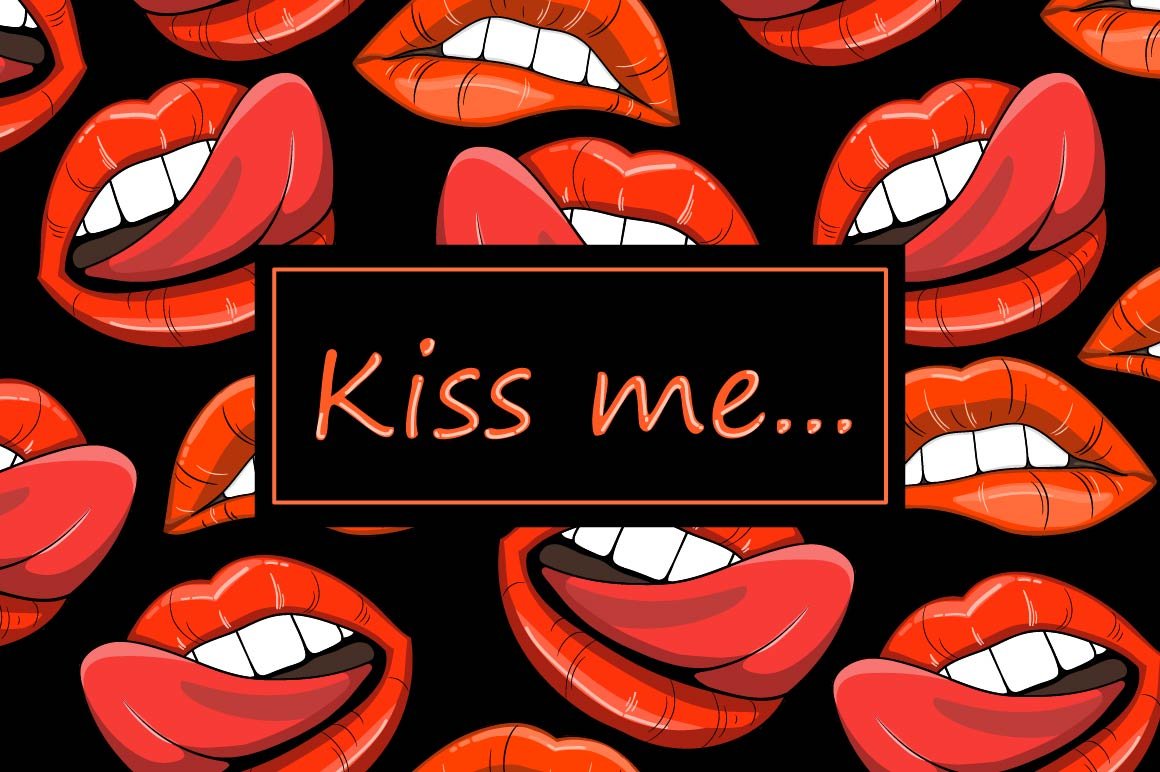 Cover with red lettering "Kiss me..." and different illustrations on a black background.