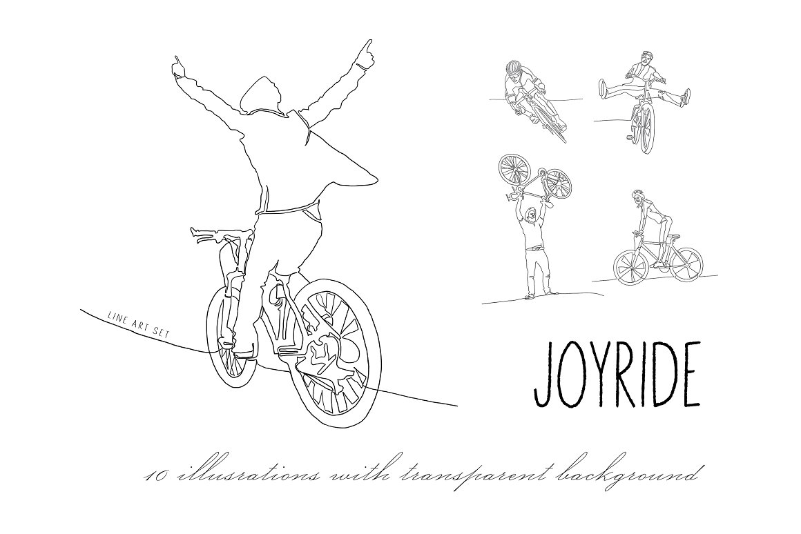 Cover with black lettering "Joyride" and 5 different line illustrations of cycling.