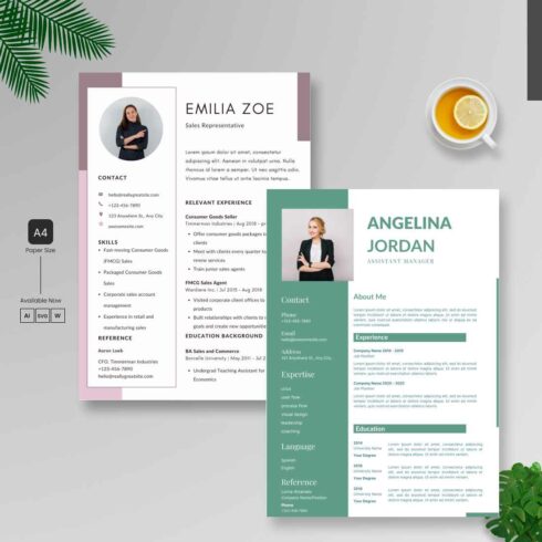 Green and pink resume template with a cup of coffee.
