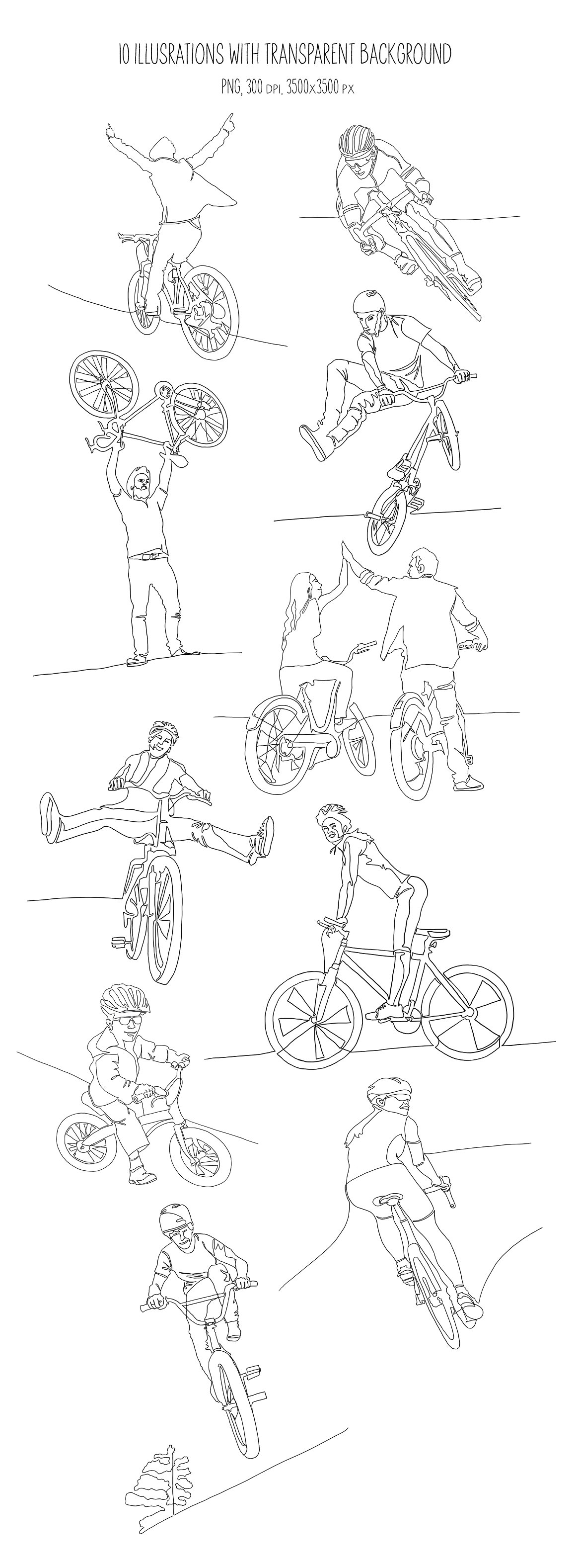 A set of 10 different line art illustrations of cycling with transparent background on a white background.