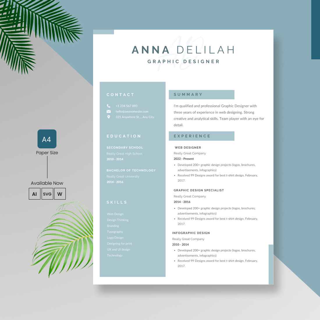 Blue and white resume with a palm tree.